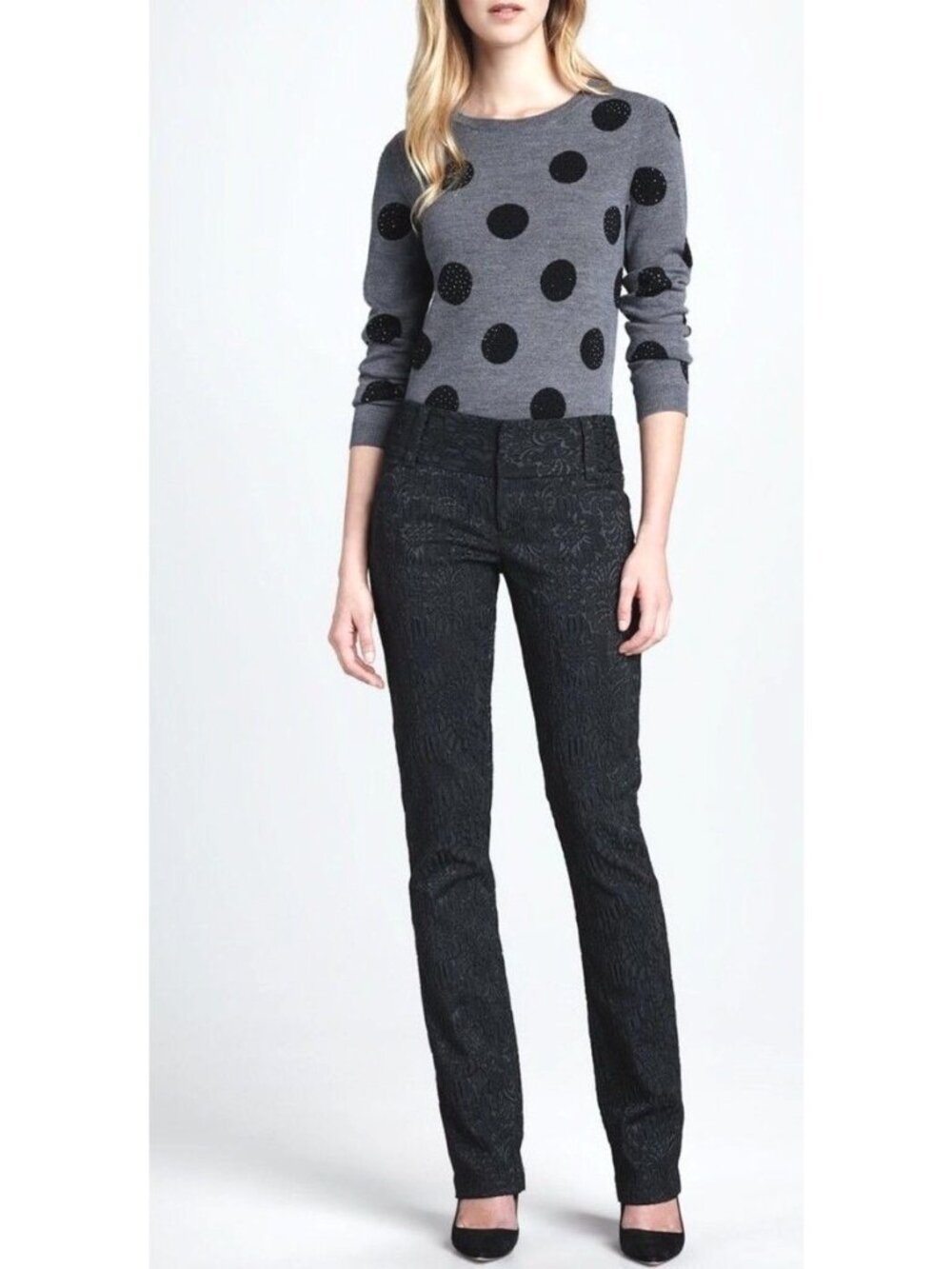 Alice + Olivia Andrew Floral-Jacquard Slim Fitted Black Trousers Pants Size 4